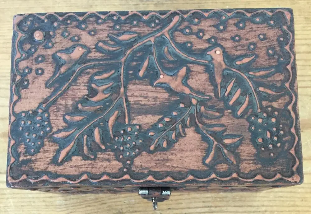 Vtg Primitive Style Copper Emobssed Bird Flower Trinket Jewelry Recipe Card Box